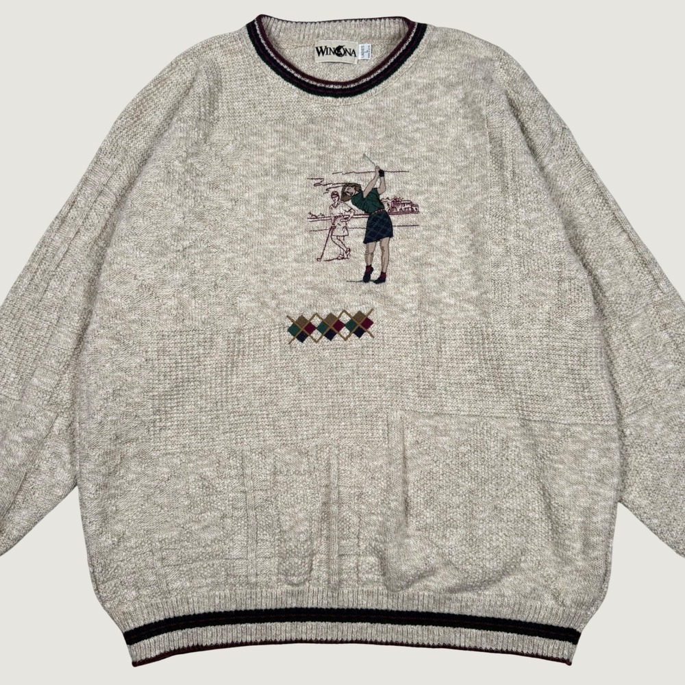 Vintage Winona Golf Embroidered Knit Sweater Womens Large Oatmeal Argyle USA